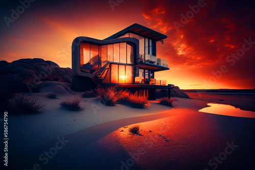 Townhouse Prefab construction in Florida. Beach house at sea. California beach house near ocean. Modular luxury apartment. Modern beach home on sunset. Villa by sea. AI Generative.