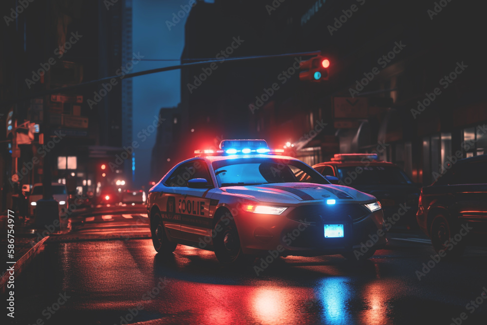 Police lights and Police car in New York. Police car with red and blue emergency. Emergency vehicle lighting. LED blinker flasher Police car. Road traffic jam accident. Crime in City. Ai Generative