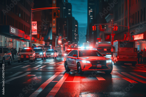 Police lights and Police car in New York. Police car with red and blue emergency. Emergency vehicle lighting. LED blinker flasher Police car. Road traffic jam accident. Crime in City. Ai Generative photo