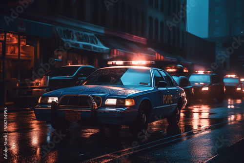 Police lights and Police car in New York. Police car with red and blue emergency. Emergency vehicle lighting. LED blinker flasher Police car. Road traffic jam accident. Crime in City. Ai Generative © MaxSafaniuk