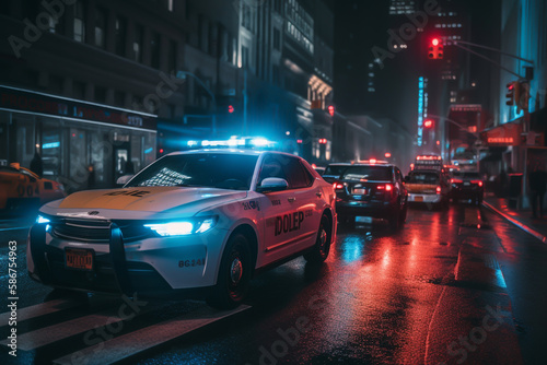Police lights and Police car in New York. Police car with red and blue emergency. Emergency vehicle lighting. LED blinker flasher Police car. Road traffic jam accident. Crime in City. Ai Generative © MaxSafaniuk