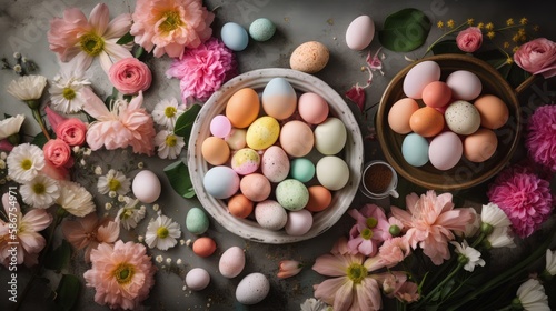 Decorative easter table with painted eggs and flowers, Generative AI