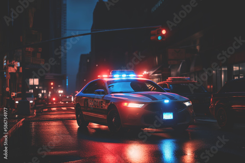 Police lights and Police car in New York. Police car with red and blue emergency. Emergency vehicle lighting. LED blinker flasher Police car. Road traffic jam accident. Crime in City. Ai Generative photo