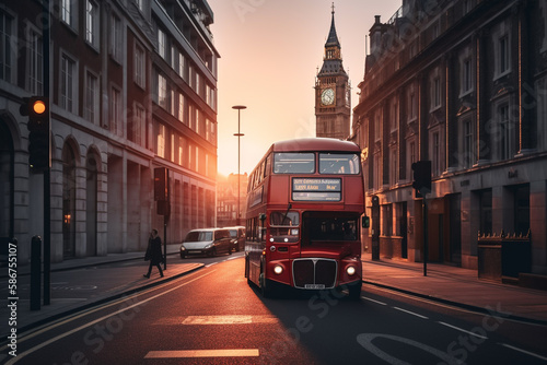 Red bus on road in London near Big Ben Clock Tower. Road traffic in London city. Big Ben in London on sunset. Red bus on City streets in England, UK, United Kingdom. Ai generative illustration. photo