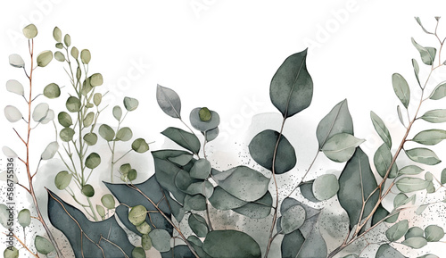Watercolor illustration of eucalyptus greenery border with splatter accent. Isolated on a transparent background. Created using Generative AI.