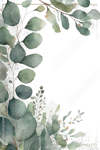 Watercolor illustration of eucalyptus greenery border with splatter accent. Isolated on a transparent background. Created using Generative AI.
