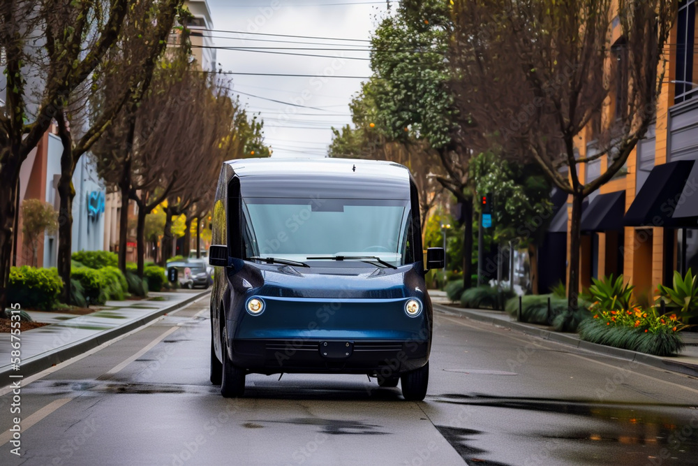 Obraz premium Electric Van Delivering on road. Driver of Electric cargo van delivers the parcel to the customer. Modern Delivery truck. Electric delivery van in New York City. Ai Generative illustration.
