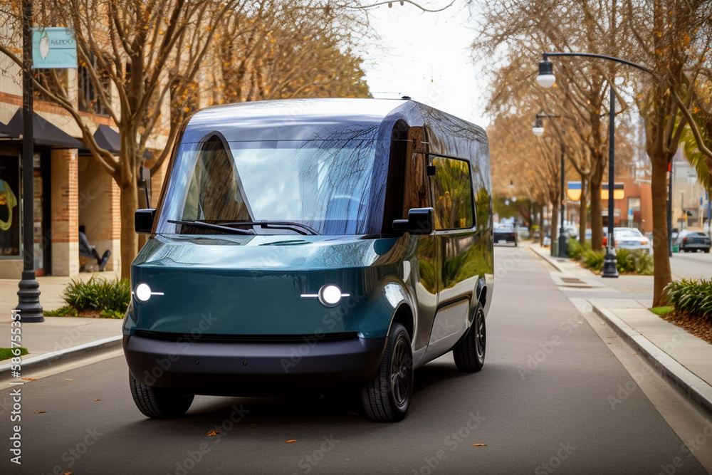 Obraz premium Electric Van Delivering on road. Driver of Electric cargo van delivers the parcel to the customer. Modern Delivery truck. Electric delivery van in New York City. Ai Generative illustration.
