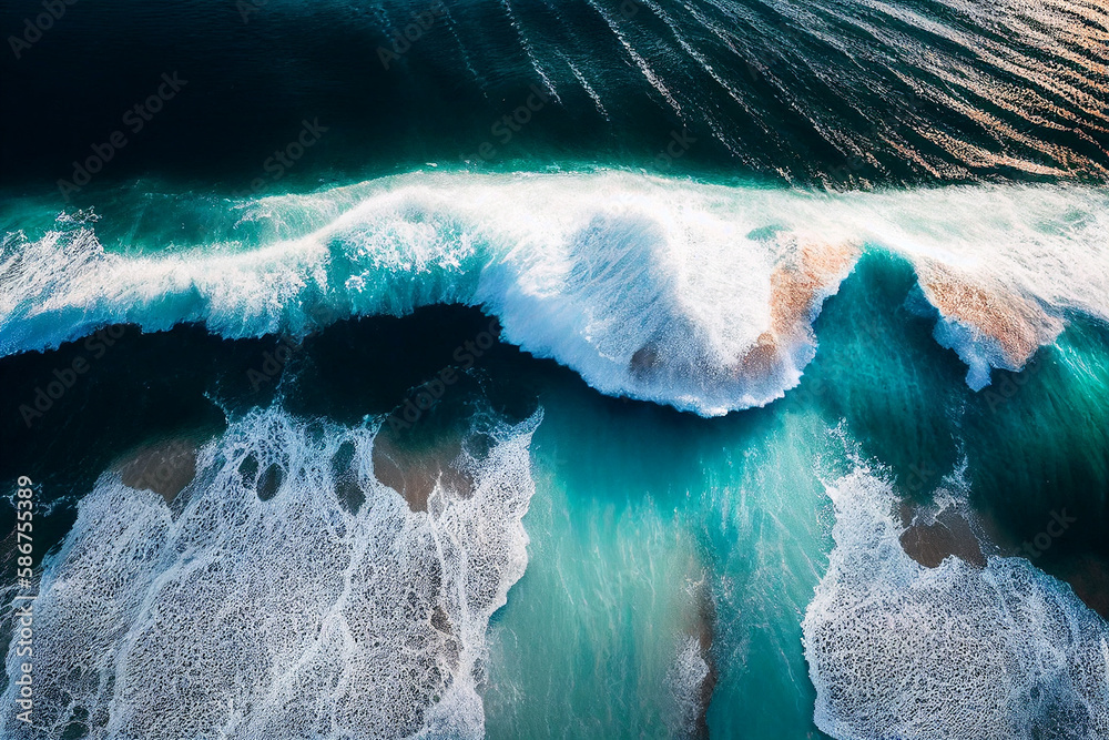 Sea waves, top view. Seashore sea waves, bright beach. Wave at beach. Splashing Waves in ocean with turquoise water. Sea aerial view in tropical sunset. Beach scene, drone view. Ai Generative