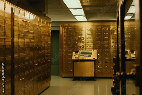 Safe deposit boxes room in bank vault. Inside in Bank vault room with Dollars and euro money. Store Gold in Bank storage. Federal Reserve Bank vault storage, Ai Generative illustration