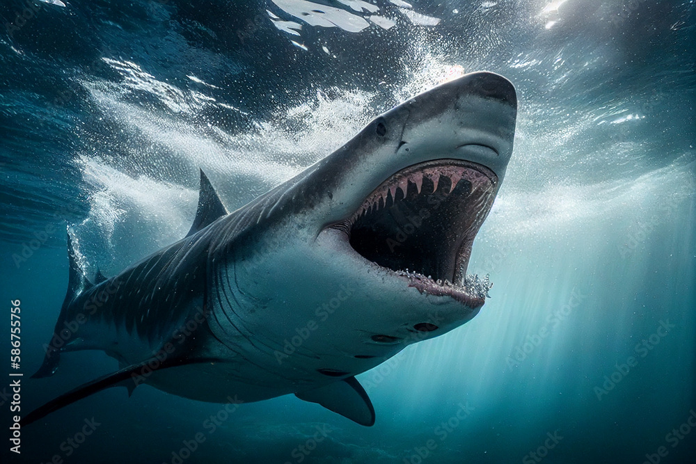 Fototapeta premium Shark with open mouth and huge teeth during attack. Tiger shark underwater in ocean. Shark with open mouth and huge fangs underwater. Great white Predator fish hunt for prey in sea. Generative AI.
