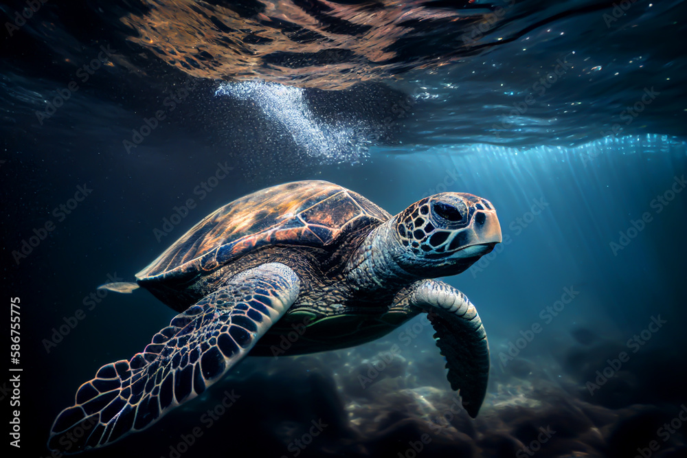 Fototapeta premium Turtle underwater in the sea. Sea Turtle swims underwater. Green sea turtles, Tenerife in the Canary Islands, Generative AI illustration.