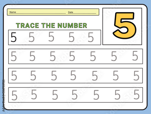 Numbers 5 tracing practice worksheet. Learning Number activity page Printable template Vector illustrations
