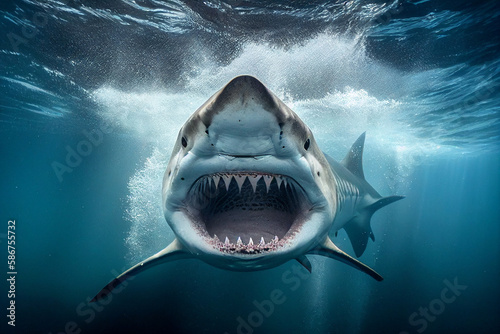 Shark with open mouth and huge teeth during attack. Tiger shark underwater in ocean. Shark with open mouth and huge fangs underwater. Great white Predator fish hunt for prey in sea. Generative AI.