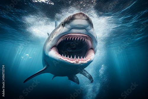 Shark with open mouth and huge teeth during attack. Tiger shark underwater in ocean. Shark with open mouth and huge fangs underwater. Great white Predator fish hunt for prey in sea. Generative AI. © MaxSafaniuk
