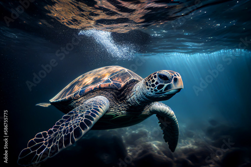 Turtle underwater in the sea. Sea Turtle swims underwater. Green sea turtles  Tenerife in the Canary Islands  Generative AI illustration.