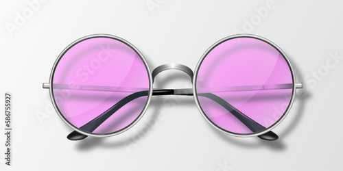 Vector 3d Realistic Modern Unisex Frame Glasses. Silver Color Frame. Pink Transparent Sunglasses for Women and Men, Accessory. Optics, Lens, Vintage, Trendy Glasses. Front View