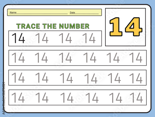 Numbers 14 tracing practice worksheet. Learning Number activity page Printable template Vector illustrations