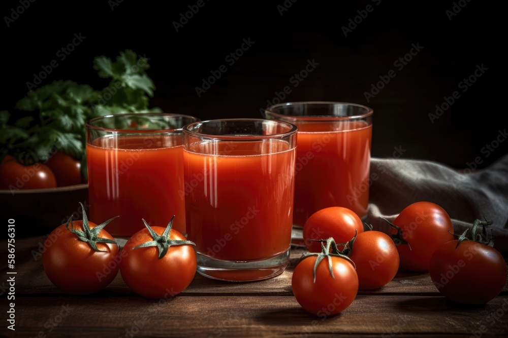 A glass of tomato juice with a bunch of tomatoes on the table Generative AI A glass of tomato juice with a bunch of tomatoes on the table Generative AI