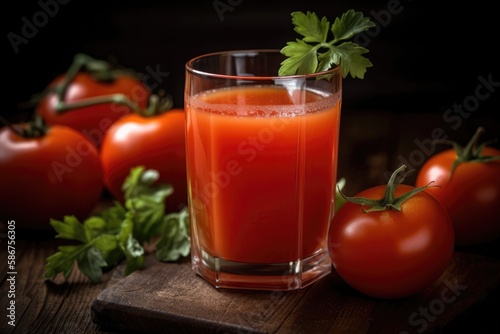 A glass of tomato juice with a bunch of tomatoes on the table Generative AI