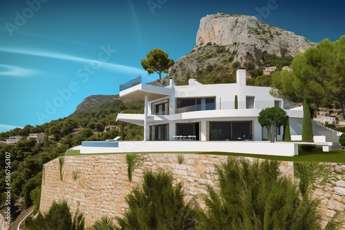 Villa in Altea Hills, Spain, Costa Blanca. Luxyry villa with swimming pool in mountains. Modern apartment buildings, House Facade exterior design. Ai generative illustration.