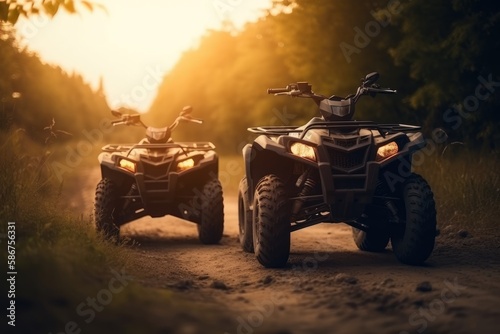 Two quad bikes are driving on a dirt road with a sunset in the background Generative AI
