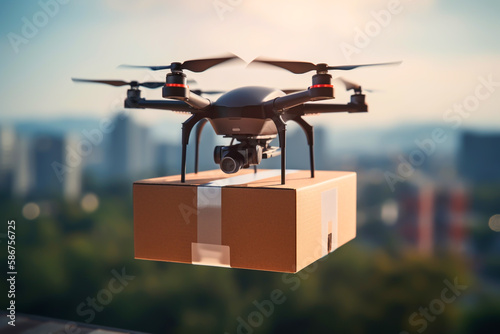 Delivery of goods to client using a drone. Drone with a box delivers an order to a customer. Cargo delivery service using a quadrocopter. Drone delivery, Ai generative illustration.