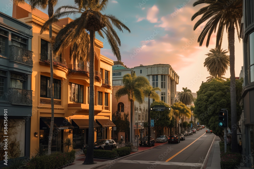 Beverly Hills on sunset. Car traffic on street in city of California, USA. Luxury car on Beverly Hills street. Streets with palm trees in California, Los Angeles, Hollywood. Ai generative illustration