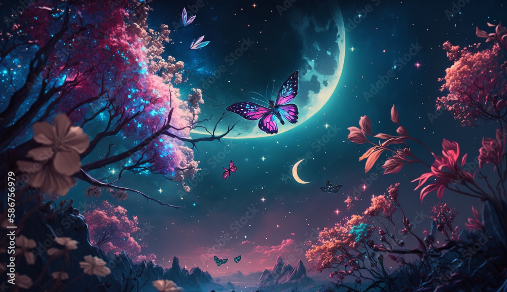 Fantasy forest with colorful butterflies flying among the rays of light