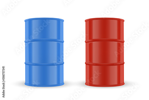 Vector 3d Realistic Illustration. Blue and Red Simple Glossy Metal Oil, Fuel, Gasoline Barrel Icon Set Isolated on White Background. Design Template of Packaging for Mockup. Front View