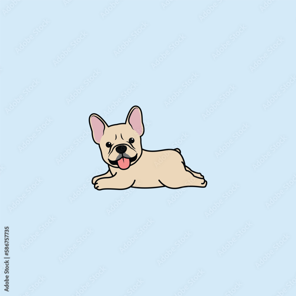 Cute french bulldog puppy cream color lying down cartoon, vector illustration