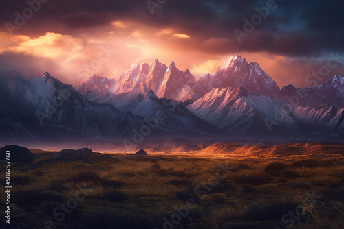 Astonishing mountain peaks at sunrise. Generative AI