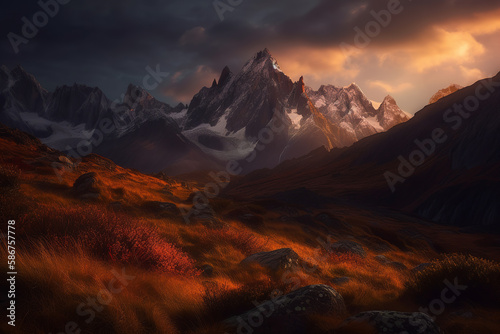 Astonishing mountain peaks at sunrise. Generative AI © yarohork