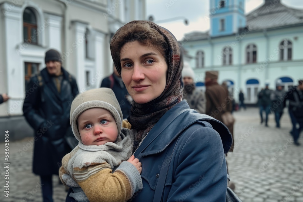 Eastern European  woman posing with her baby looking at the camera. Generative AI