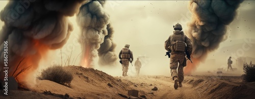 Soldiers walks through a desert with smoke coming out of his face. Generative AI photo
