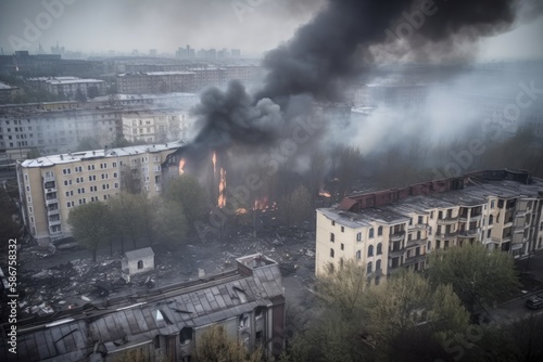 Smoke rise from burning bombed destroyed buildings in ukranian city. Generative AI