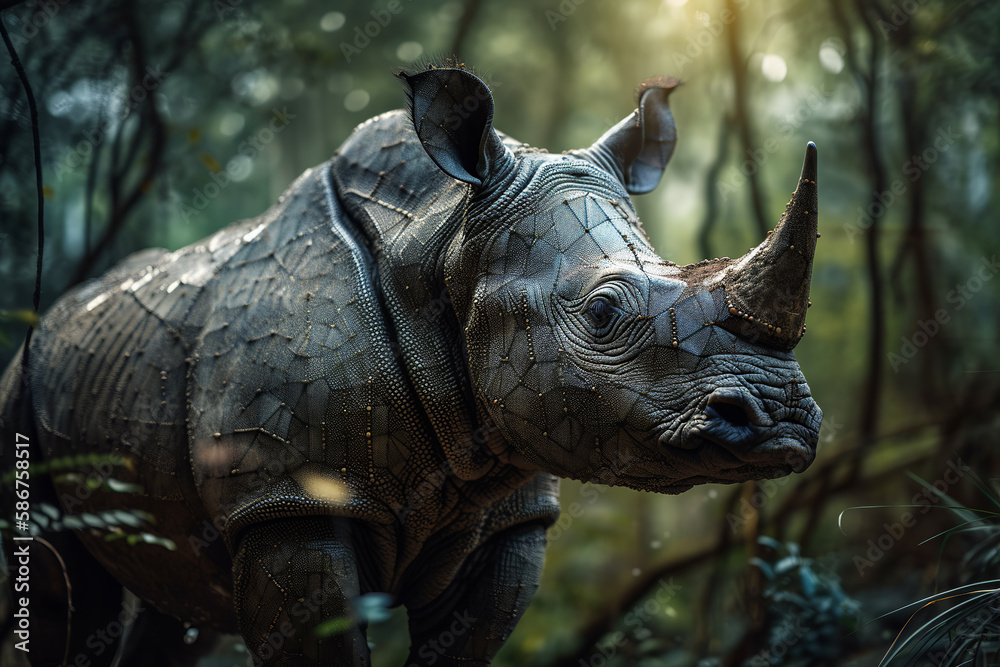 Fototapeta premium AI protect our planet's most precious and endangered species. Javan rhinoceros. Technologies working in harmony with nature, helping to preserve the balance of our planet's ecosystems. Generative AI