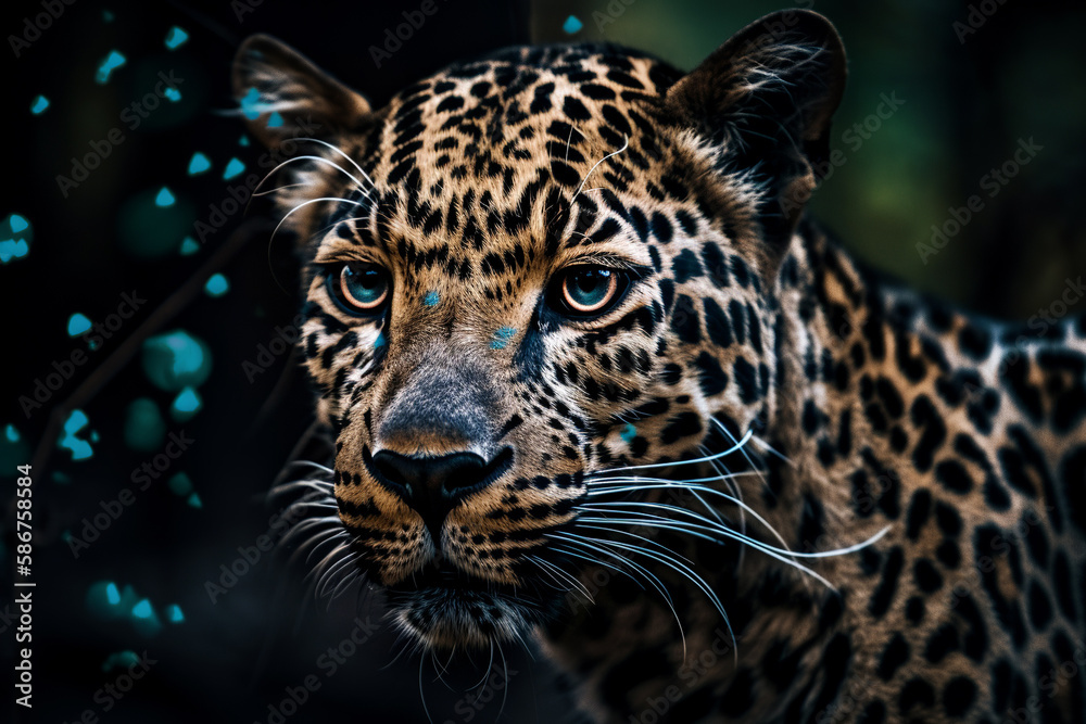 Obraz premium Serious look brutal, Amur leopard, powerful motley big cat looks straight through the eyes of a predator hunting for a prey. Generative AI