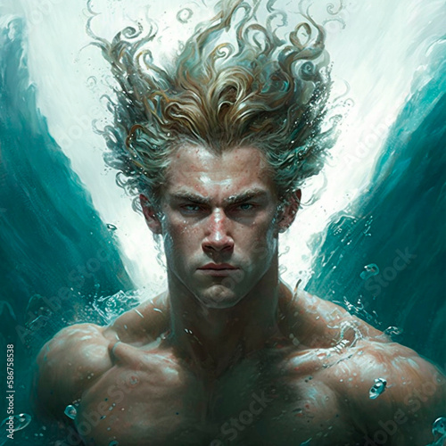 Illustration of a powerful merman underwater with floating hair serious expression AI Generative photo