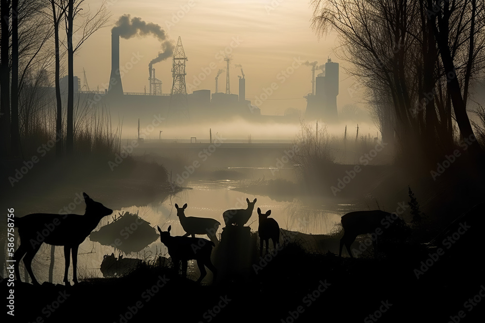 Silhouettes of animals on the terrain with ecological problems ...