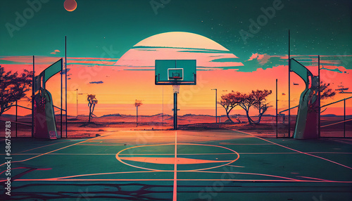 Empty basketball court with colorful backboards in retro sunrise style, Generative AI