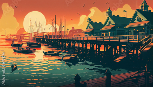 Seaside town with a pier and sailboats in retro sunrise style, Generative AI © kian