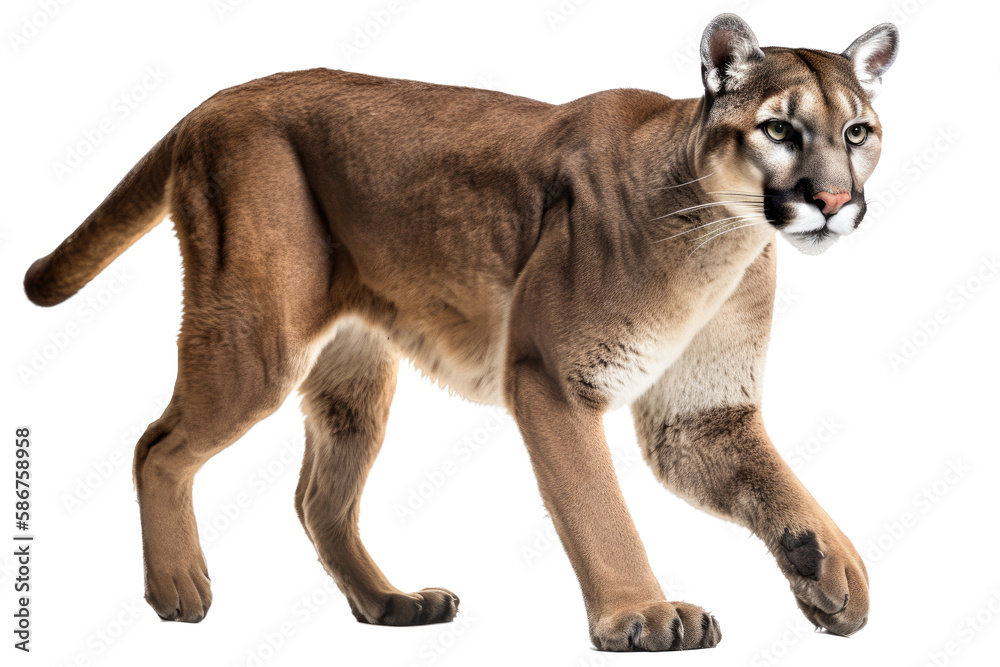 an isolated mountain lion cougar side-view, stalking prey, fierce