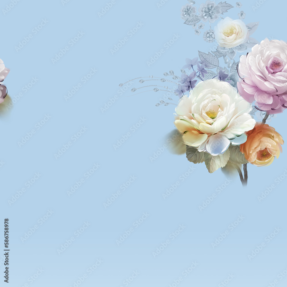 Fototapeta premium Watercolor various flowers, roses, peonies, reeds
