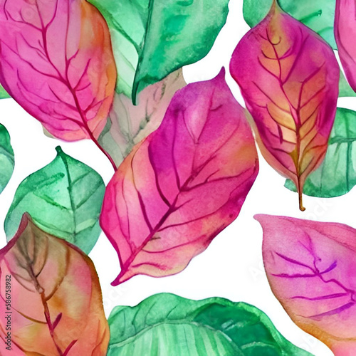pink and green leaves on a white background, generative ai, autumn leaves background, watercolor