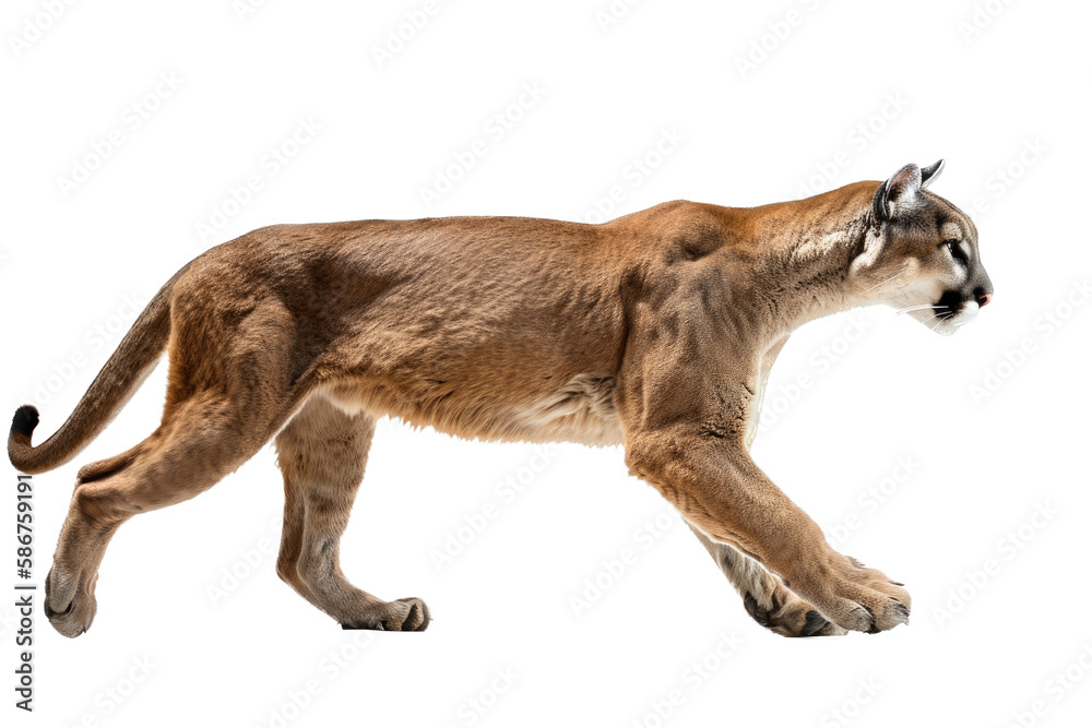 Obraz premium an isolated mountain lion cougar side-view, stalking prey, fierce mountain-themed photorealistic illustration on a transparent background in PNG. Generative AI