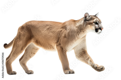 an isolated mountain lion cougar side-view, stalking prey, fierce mountain-themed photorealistic illustration on a transparent background in PNG. Generative AI photo