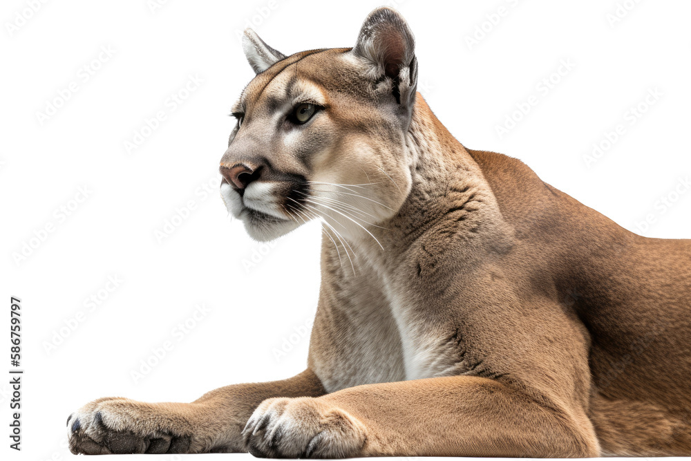 Obraz premium an isolated mountain lion cougar laying down, resting, fierce mountain-themed photorealistic illustration on a transparent background in PNG. Generative AI