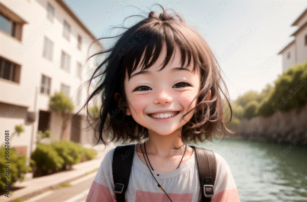 Little positive girl on city street. Portrait of happy kid with smile on walk. Generative AI. Little positive girl on city street. Portrait of happy kid with smile on walk. Generative AI.