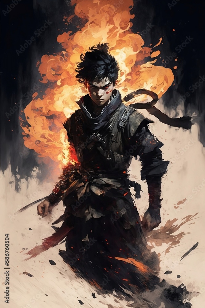 A young ninja in fantasy painting style, Generative AI